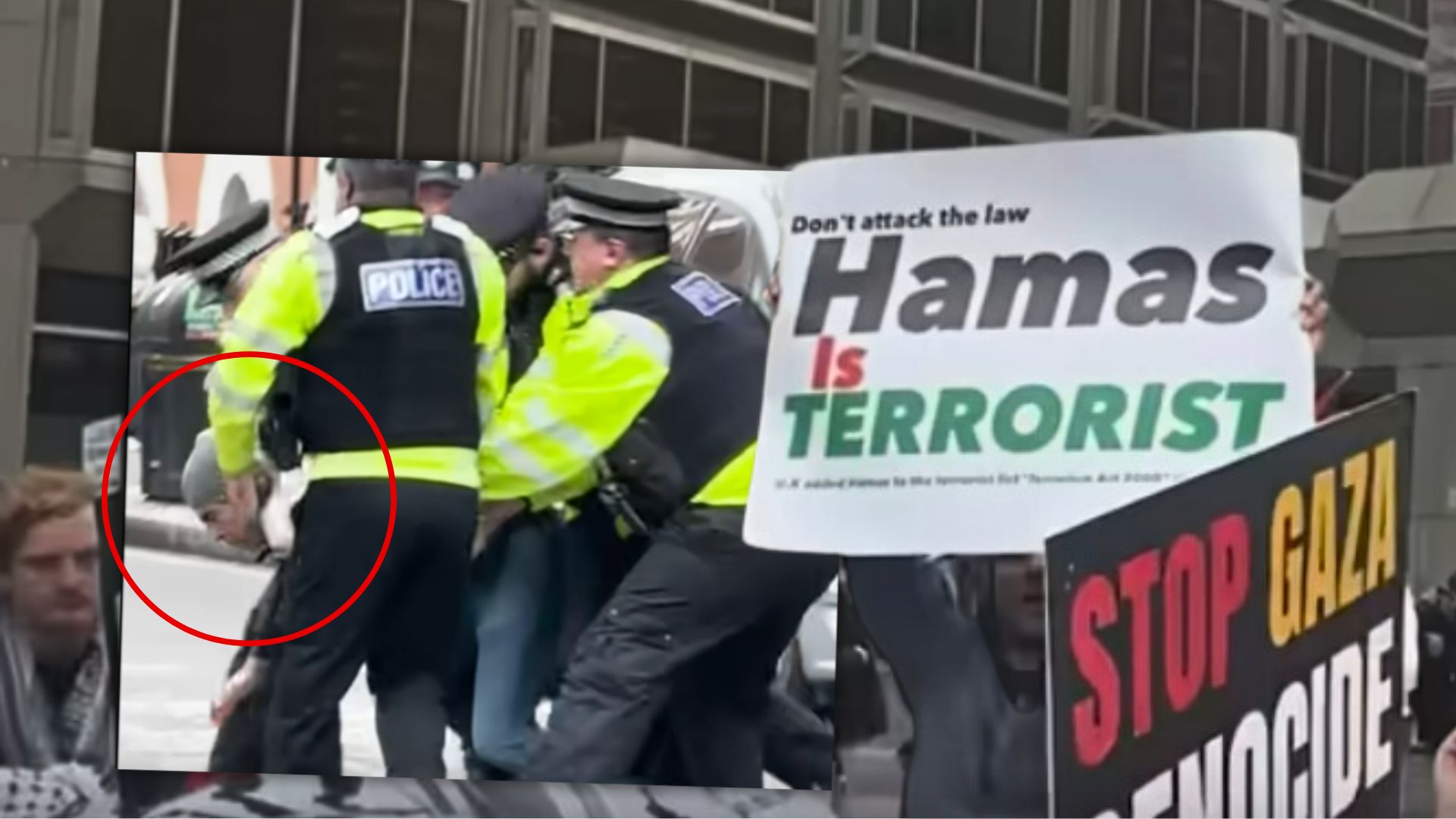 protester arrested for holding a sign against Hamas