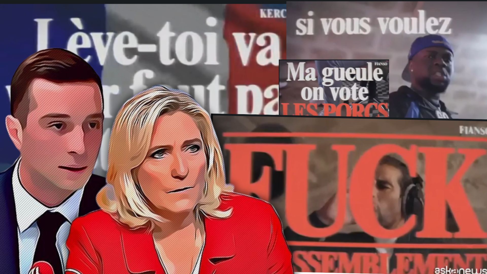 "Le Pen bitch whore, guns out". Here is the anthem of "democratic" artists