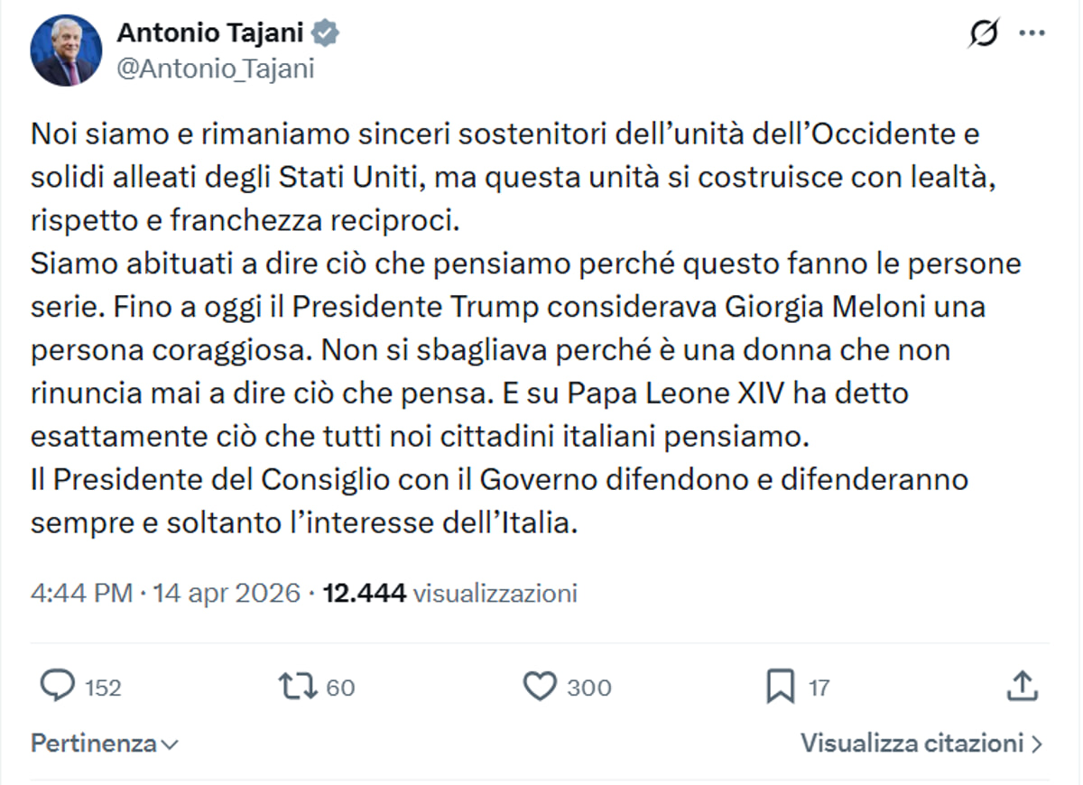 Tajani's post after the break between Trump and Meloni
