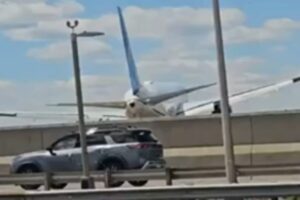 Plane with 221 passengers on board hits a light pole and a truck on a highway during landing