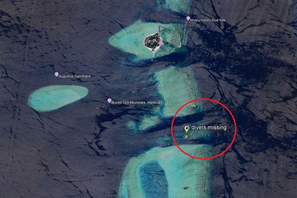 search map of missing Italian diver bodies in the Maldives The search map published by the military authorities of the Maldives: the area where the divers were missing is circled in red