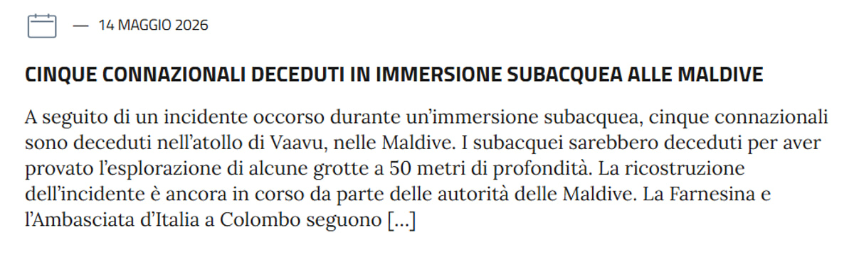 Italians dead in the Maldives, the note from the Farnesina