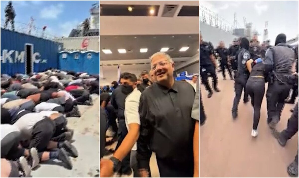 Israeli Minister Ben Gvir cheering around blindfolded and handcuffed members of the flotilla ben gvir video flotilla