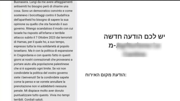 "You are welcome only if you do not share Netanyahu's policies": the message from the Italian hotelier to an Israeli tourist