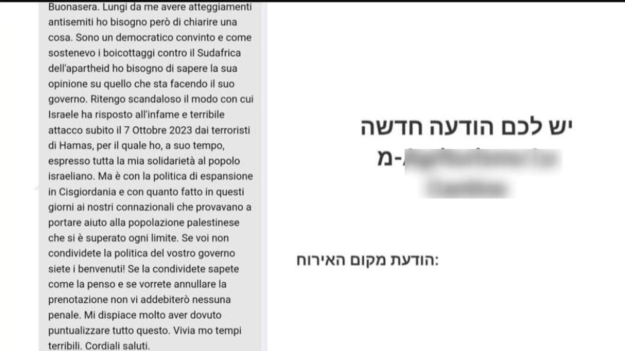 "You are welcome only if you do not share Netanyahu's policies": the message from the Italian hotelier to an Israeli tourist