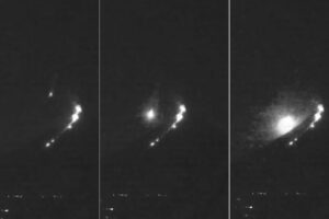 Meteor lights up the sky and explodes while the volcano erupts: the spectacular video