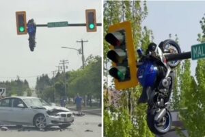 Motorcycle “skewered” in the traffic lights after a flight: the collision with a car at the intersection in Canada
