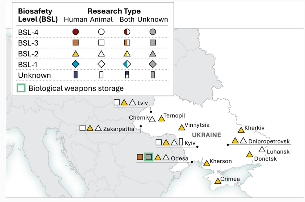 Nella mappa dei biolaboratori ucraini ci sono diversi errori geografici, come la posizione di Kiev