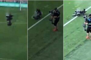 Camera falls onto the pitch from 20 meters: an operator grazes, match suspended