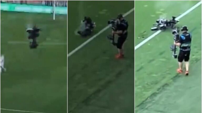 Camera falls onto the pitch from 20 meters: an operator grazes, match suspended