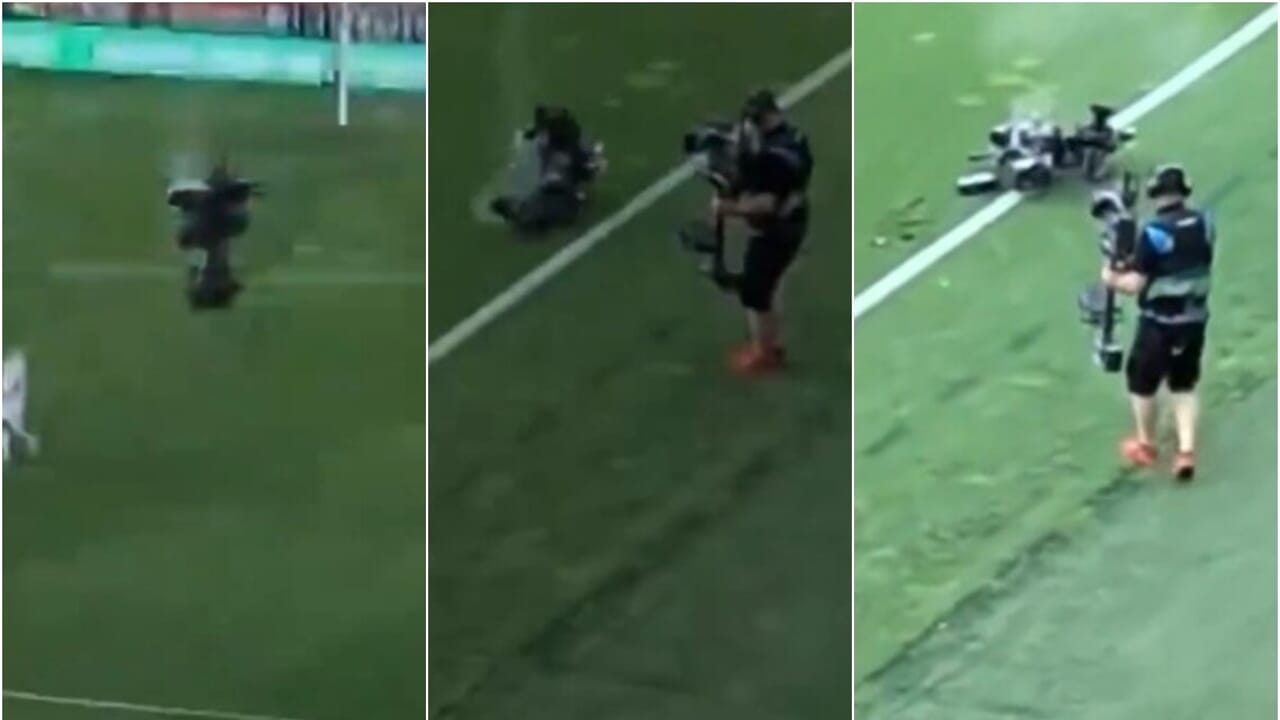 Camera falls onto the pitch from 20 meters: an operator grazes, match suspended
