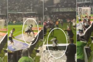 He celebrates the goal, climbs over the advertising billboards and falls into the tunnel that leads to the changing rooms
