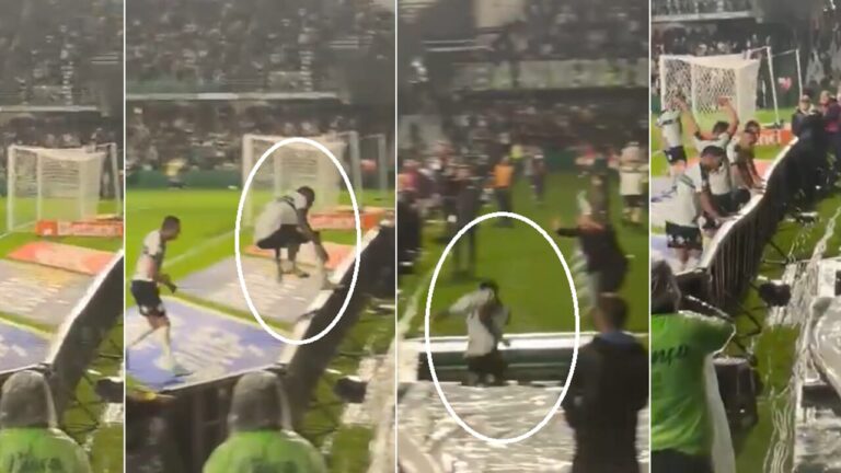 He celebrates the goal, climbs over the advertising billboards and falls into the tunnel that leads to the changing rooms