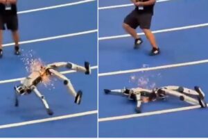 Humanoid robot loses control during the race: it crashes and explodes