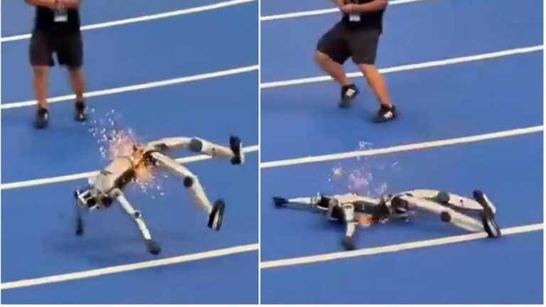 Humanoid robot loses control during the race: it crashes and explodes