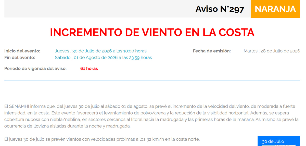 The advisory issued on July 28 is valid from 10am on July 30 to 11.59pm on August 1 (Senamhi) notice-july-28-peru
