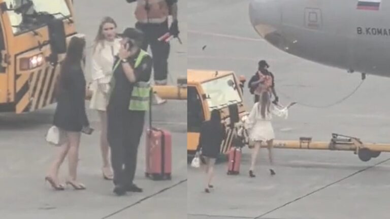 They miss the plane and run onto the apron with the trolley to stop it