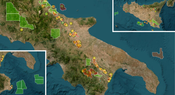 The map shows the hydrocarbon wells (the rods) and the mining titles for the exploration and cultivation of hydrocarbons (colored areas). Source: Webgis Mase-Unmig south-mase deposits
