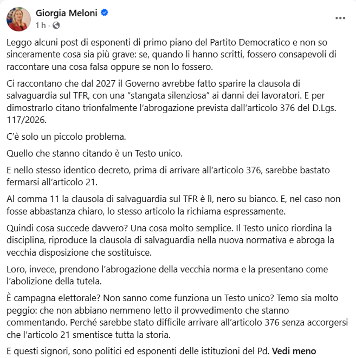 Tfr, Giorgia Meloni's post on Facebook Tfr, Giorgia Meloni's post on Facebook