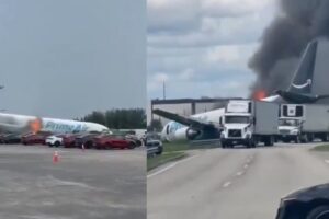 Amazon cargo plane goes off runway, hits cars and catches fire: “At least 5 dead”. The images of the accident in Miami