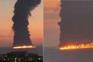 Oil tanker on fire on the Black Sea, off the coast of Sochi: it was hit by a drone