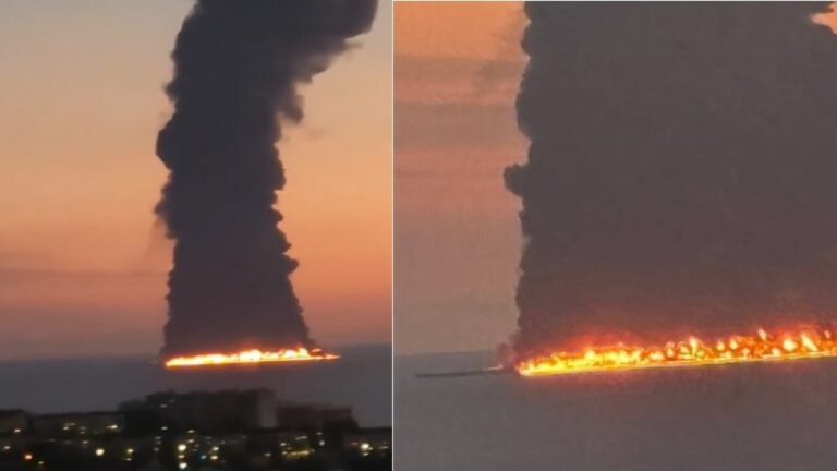 Oil tanker on fire on the Black Sea, off the coast of Sochi: it was hit by a drone